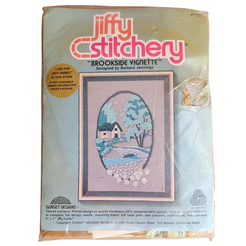 Vintage 70er Jiffy Stitchery Brookside Vignette Crewel Kit 773 Stickerei Cottagecore - Bild 1 von 4