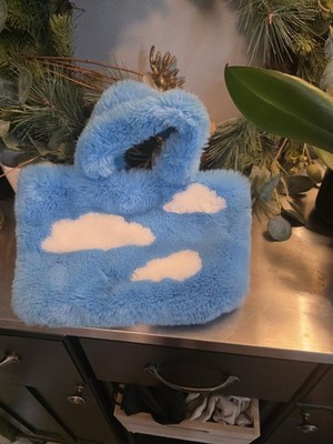 Blue/White Cloud Applique Satchel Top Handle Bag, Pink Lining, Rectangle