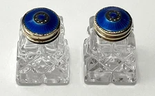 HROAR PRYDZ Norway Glass Guilloche Blue Enamel .925 Sterling Salt Pepper Shakers