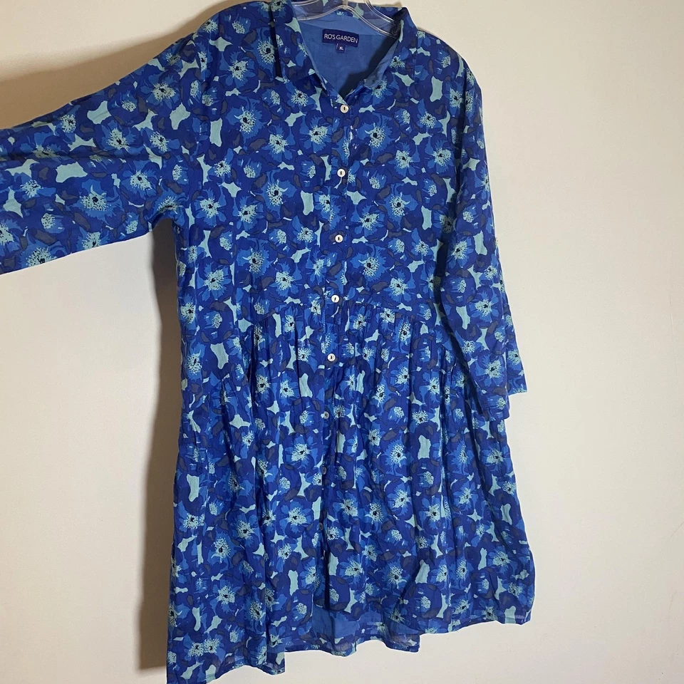 Ro's Garden Dress Womens XL Blue Floral Button Front Cotton Lined Boho Tunic - Image 4 of 4