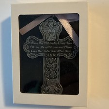 Crib Cross-Bless This Child w/Pink Ribbon-Pewter Gift Boxed For A Baby Girl