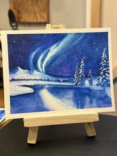 PRINT ACEO Original Watercolor Winter Snow Northern Lights Aurora Art Card Mini