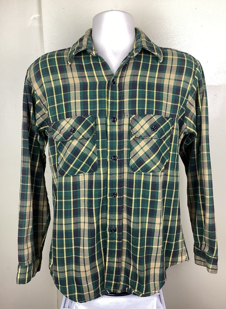 Vtg 70s 80s Five Brother Flannel Shirt Green Gold M Made In USA | eBay