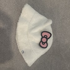 Sanrio Hello Kitty White Sherpa Bucket Hat 3D Ear and Pink Bow