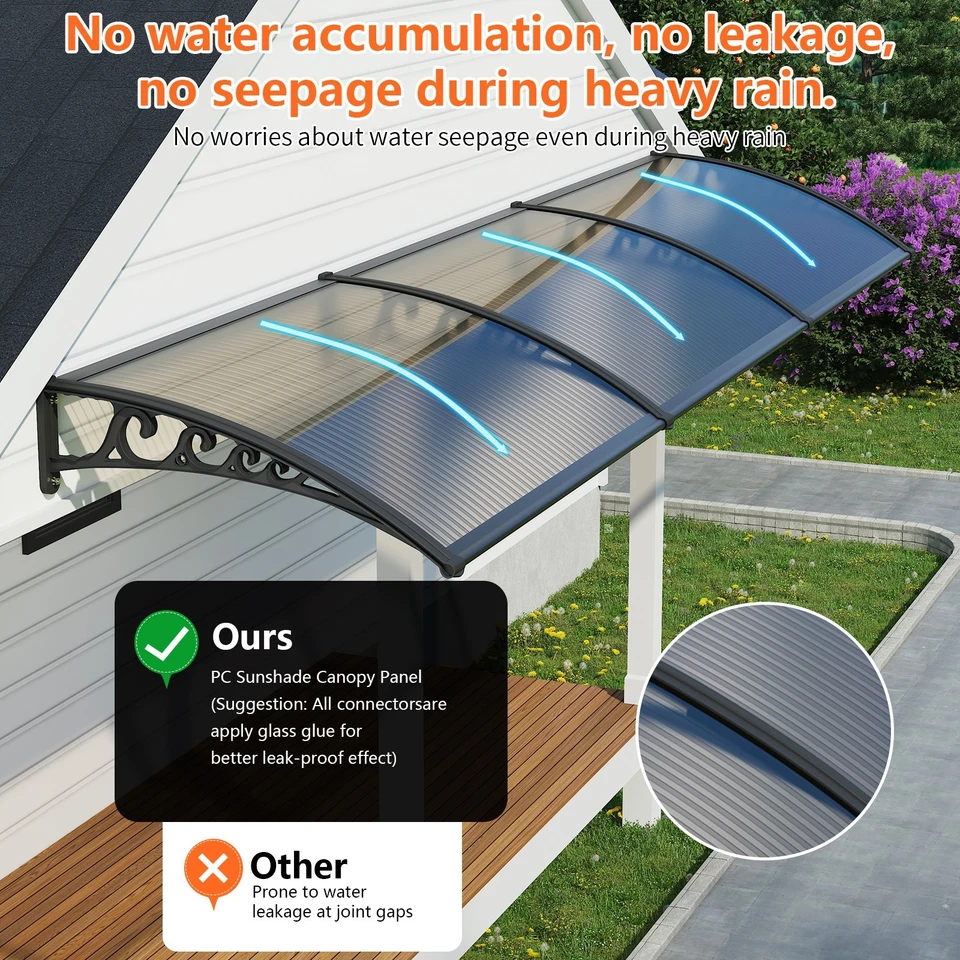 30-160" Window Awning Front Door Eaves Canopy Polycarbonate Roof Sun Shade Cover - Image 3 of 4