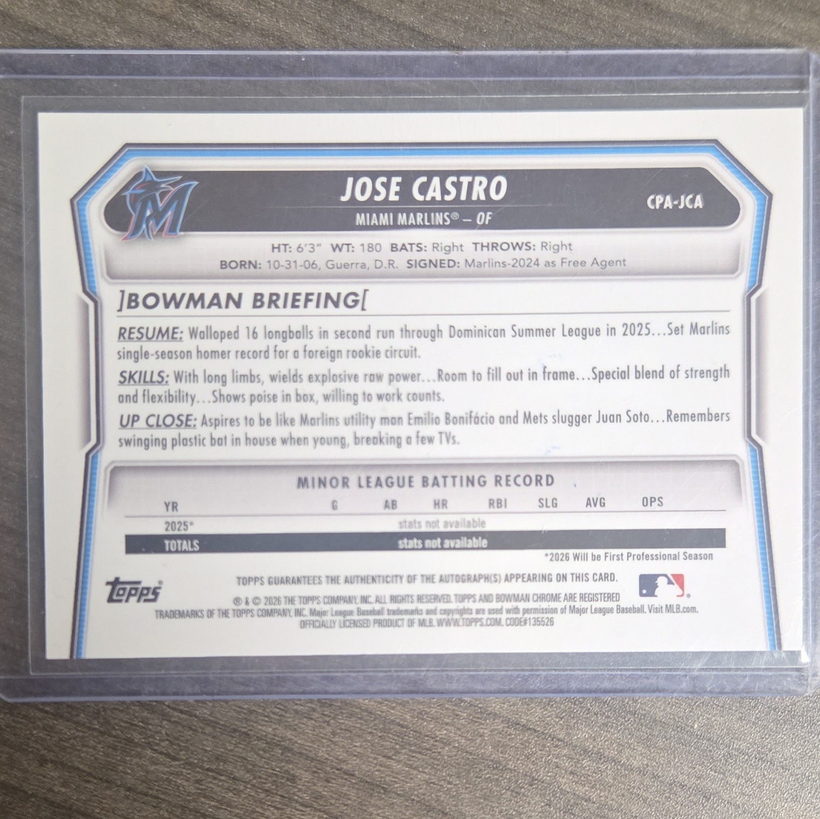Topps Bowman Chrome 2026 Jose Castro 1st Bowman RC Auto CPA-JCA Miami Marlins view 2