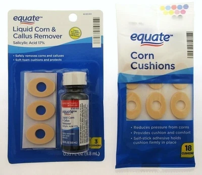 Equate Liquid Corn & Callus Remover & 18 Corn Cushions Foot Feet Care