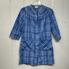 Smart Time Plaid Housecoat Womens Medium Blue White Snap Front Duster Dress Robe