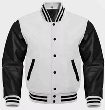 Men's Custom Varsity Letterman Bomber Jacket White Wool & Black Leather Sleeves
