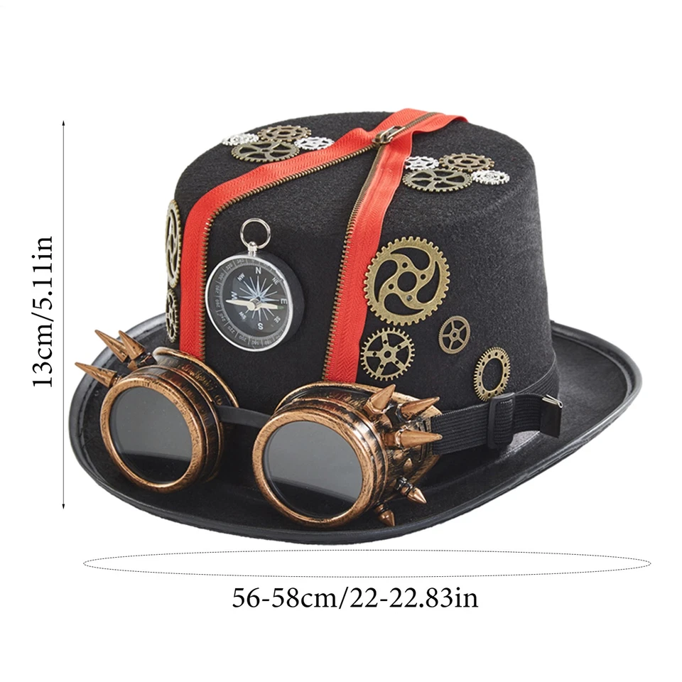 Steampunk Hat with Goggles Vintage Gothic Cosplay Top Hat Halloween Fancy Dress - Image 3 of 4