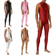 Men Glossy Yoga Jumpsuit Front Zip Open Crotch Thigh Cut Out Bodysuit Catsuit