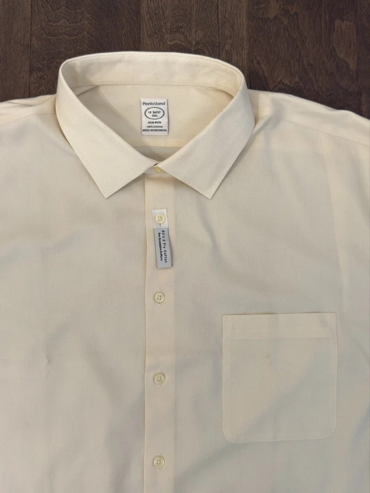 Pronto Uomo Men’s Button Up Dress Shirt Size 19 36/37 Tall Cream White Long Slv - Image 3 of 4