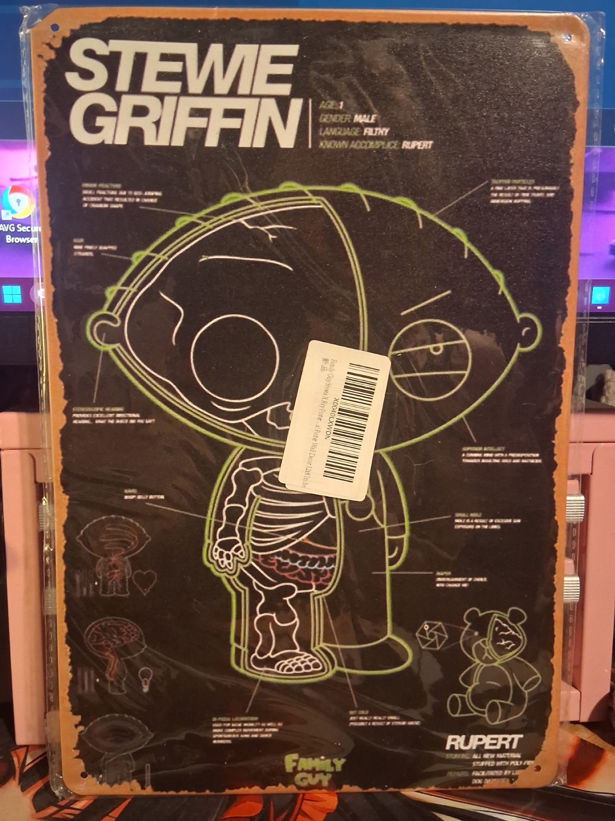 Stewie Griffin x-ray tin metal wall sign, Fan Decor, 12x8 in man cave decor