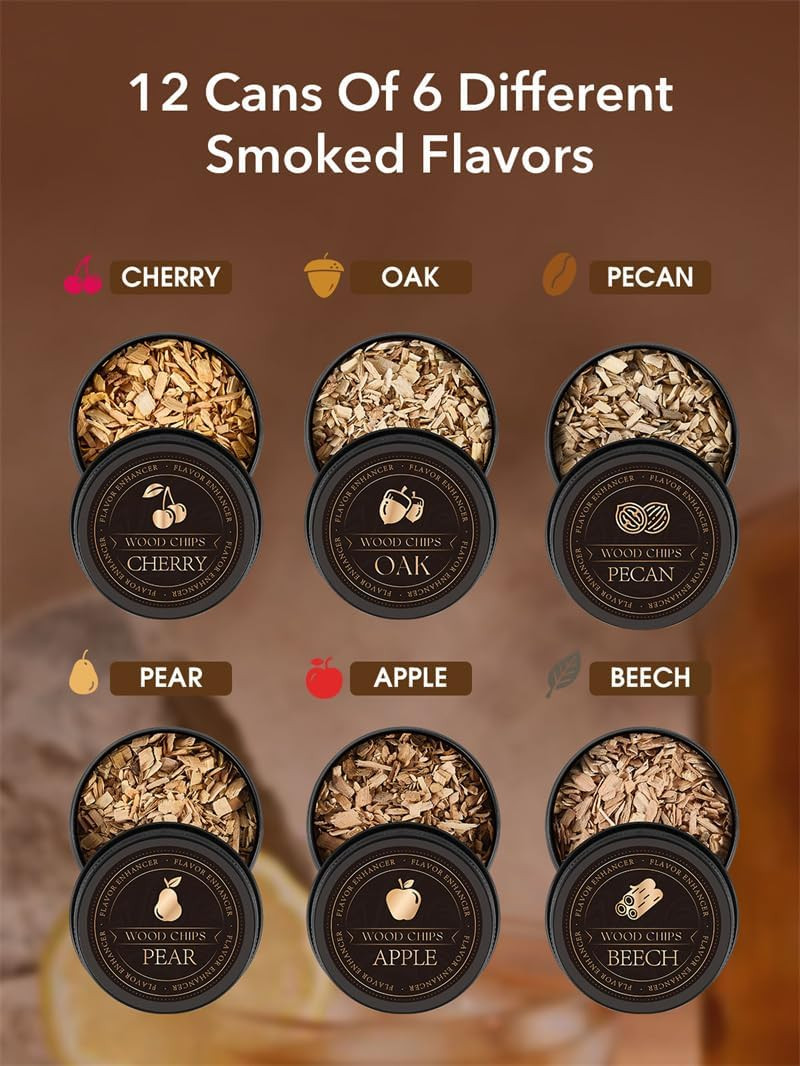 23Pcs Whiskey Smoker Kit with Torch-12 Wood Chips, Ice Ball Mold, Cocktail Smoke