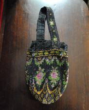 Collectible Antique Black Micro Beaded Victorian Style Floral Reticule Purse