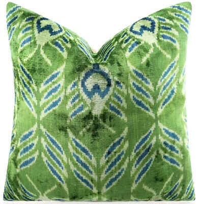 Handmade Velvet Throw Pillow with Down Insert Green and Teal Ikat Design 20''X20''