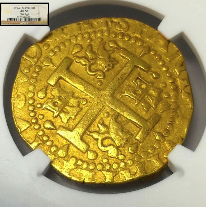 PERU 8 ESCUDOS GOLD DOUBLOON 1716 NGC 58 