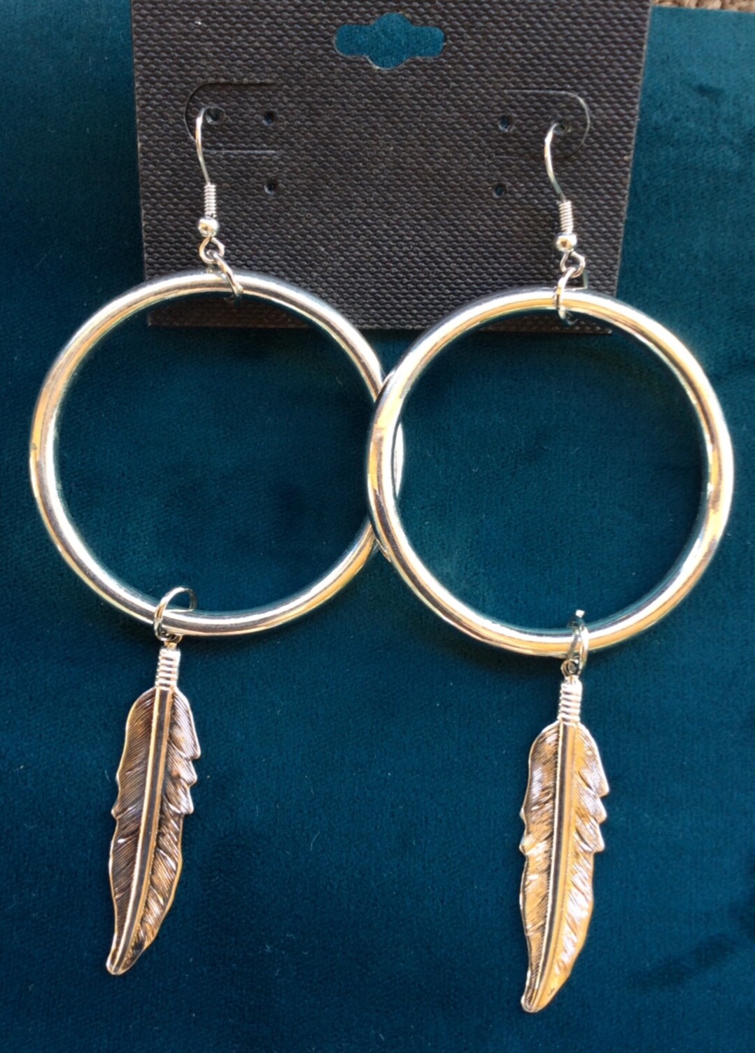 Silver Dangle Hoop Earrings with Feather Detail, New Arrival, Handcrafted in USA-image