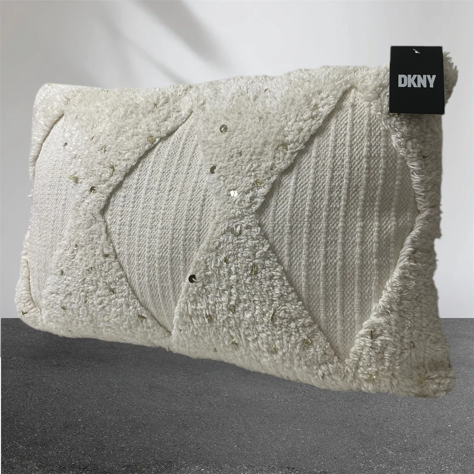 DKNY Boho Tufted Sequin Lumbar Throw Pillow Ivory Geometric 22x15 NWT - Image 2 of 4