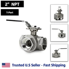2" 3-Way T-Port Ball Valve, Stainless Steel, NPT Threaded, 1000PSI