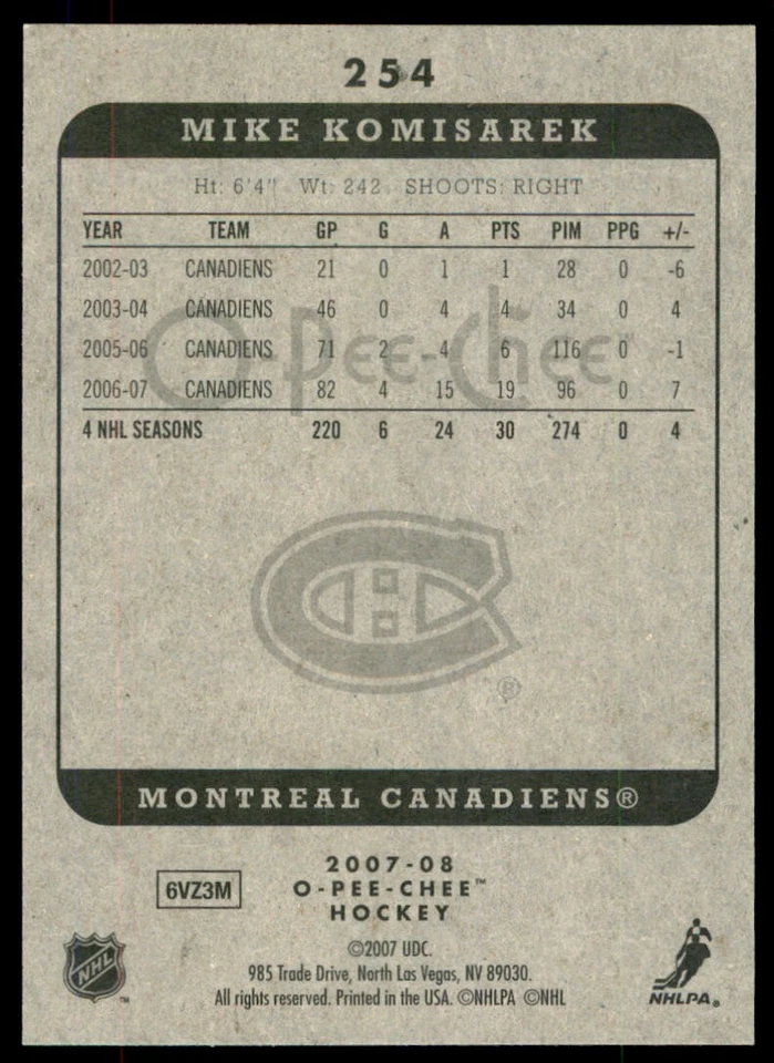 2007-08 O-Pee-Chee Mike Komisarek #254 - Image 2 of 2