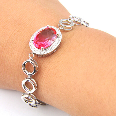 Unique Style Oval Red Tourmaline Gemstone Round Silver Chain Bracelets