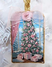 Shabby Chic Pink Roses Victorian Christmas Tree Decoupage Glass Glitter Ornament