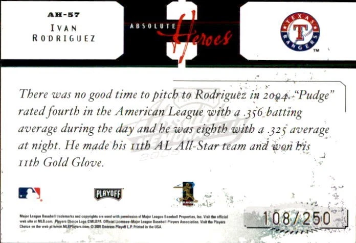 2005 Absolute Memorabilia Heroes Ivan Rodriguez 108/250 #AH57 - Image 2 of 2