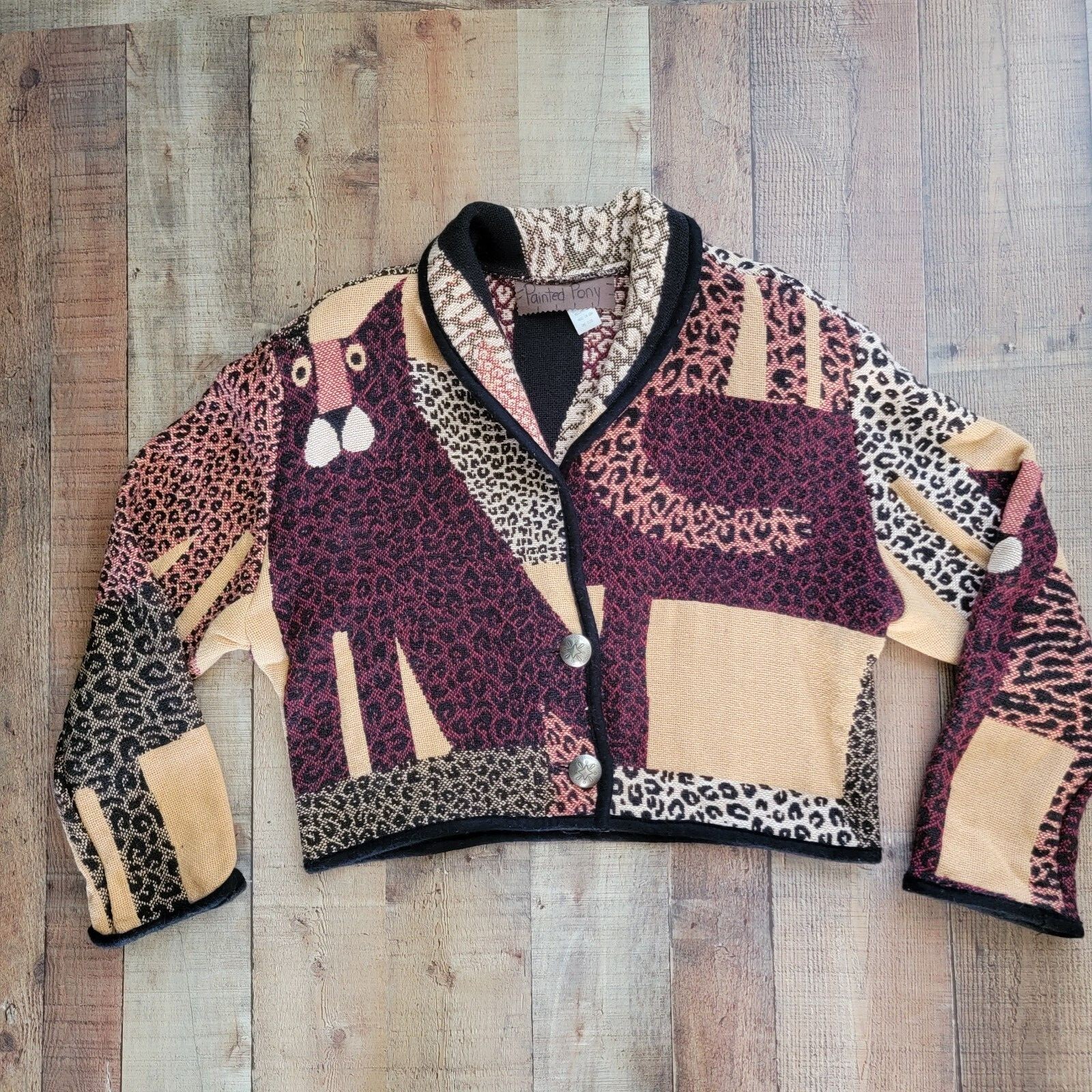 Vintage dipinto pony gatto selvatico arazzo coperta boho giacca ritagliata taglia unica