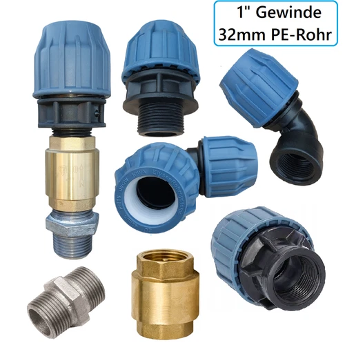Anschlussset Tiefbrunnenpumpe m. 1" - 32MM PE-Rohr Rückschlagventil Klemmfitting
