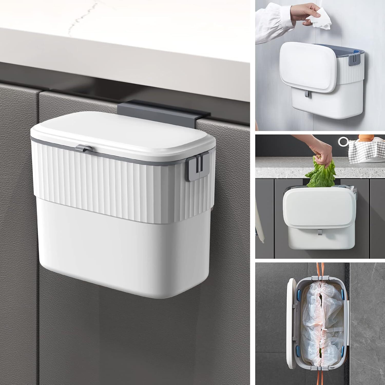 Kitchen Compost Bin with Lid 1.8 Gallon Hanging Trash Can with Lid, 7 Liter Wall