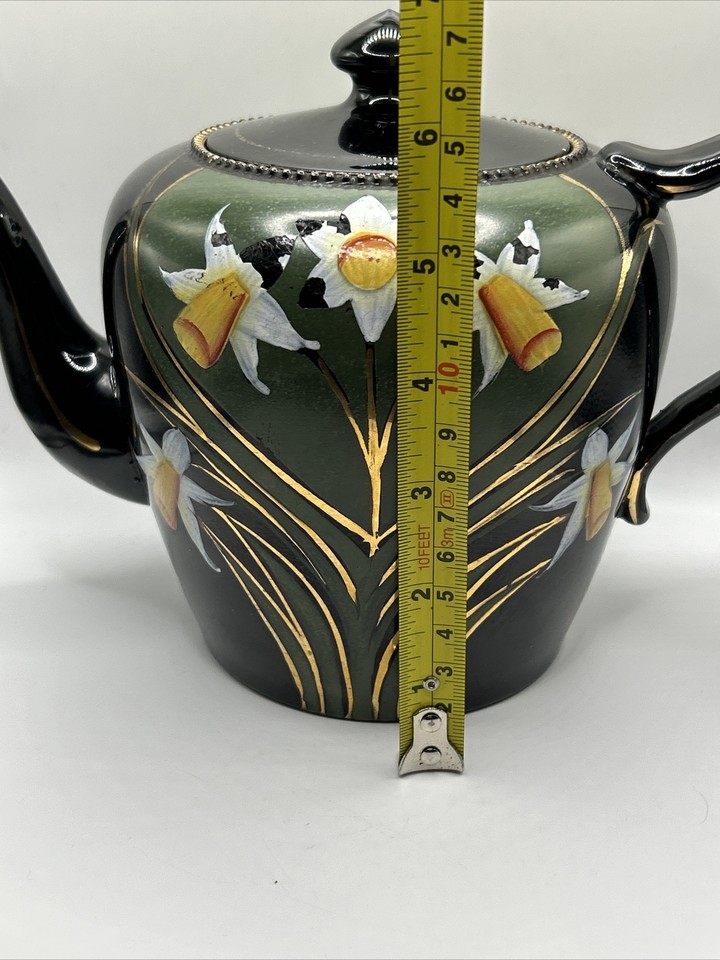 Beautiful Victorian Jackfield Teapot Black And Gold With Daffodils Art nouveau eBay