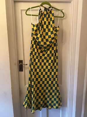 New Olivia Rubin 100% Silk Green Yellow Check Emmy Halterneck