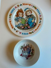 RAGGEDY ANN AND ANDY 1969 Melamine Kid Plate Bowl Oneida Deluxe BOBBS MERRILL
