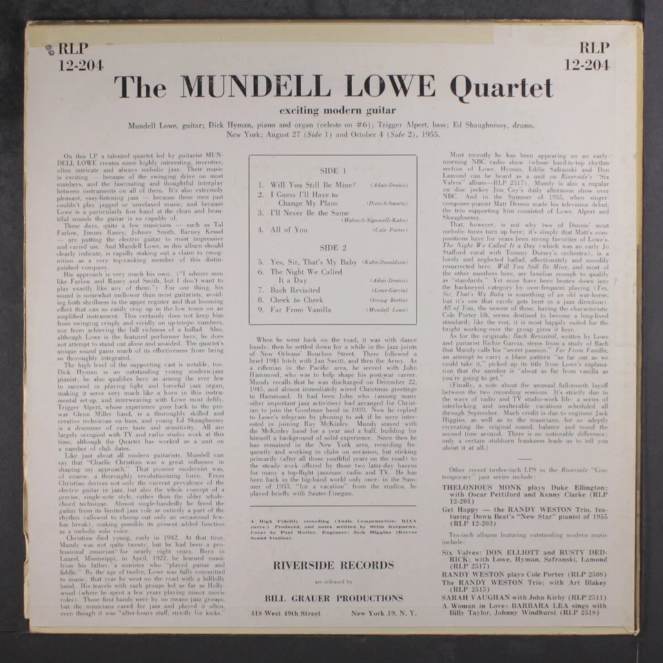 MUNDELL LOWE: the mundell lowe quartet Riverside Records 12" LP 33 RPM - Image 2 of 2