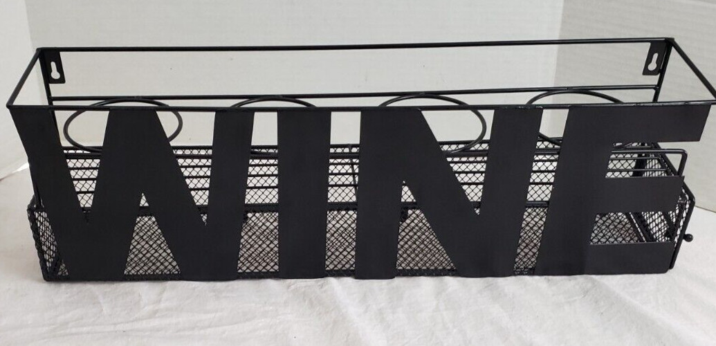 black metal 4 wine bottle and cork holder 24" x 7.5" x 4.5"