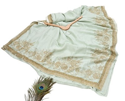 Rare Vintage Olive Green Blend Silk Saree Hand Embroidered Fabric 5.5 Yard Sari