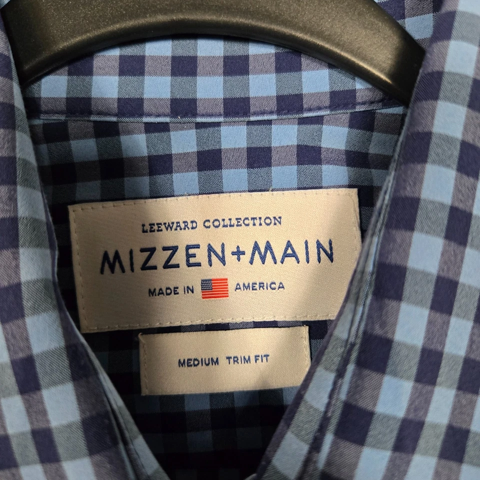 Mizzen + Main Shirt Mens Medium Leeward Trim Fit blue gingham check L/S USA MADE - Image 4 of 4