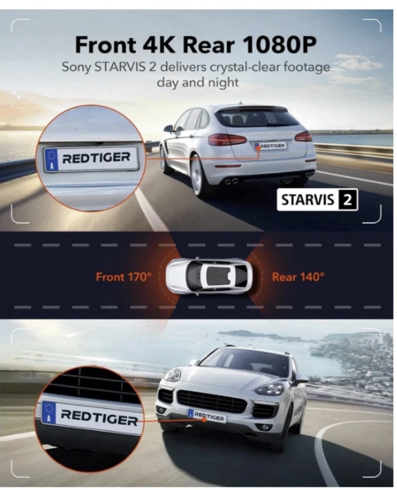 全新 Dash Cam Redtiger F7N Touch 4K 带 128GB 卡 5.8G WiFi GPS 语音控制 — 第 3/4 张图片