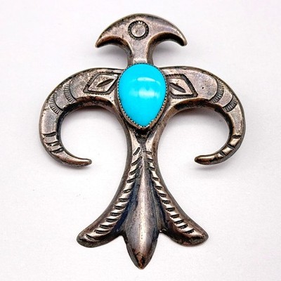 Vintage Navajo Native Thunderbird Turquoise Stampwork Sandcast Silver Pin Brooch