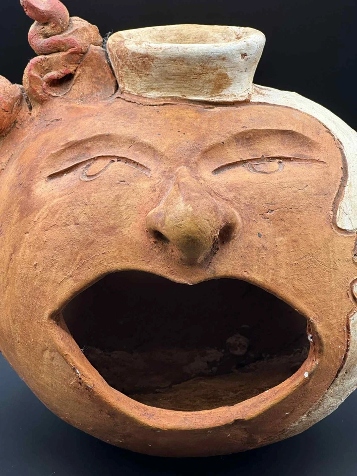 Hecho a mano cara de terracota sol, luna, máscara recipiente 11,5" arte popular escultura de arcilla Foto 2 de 4