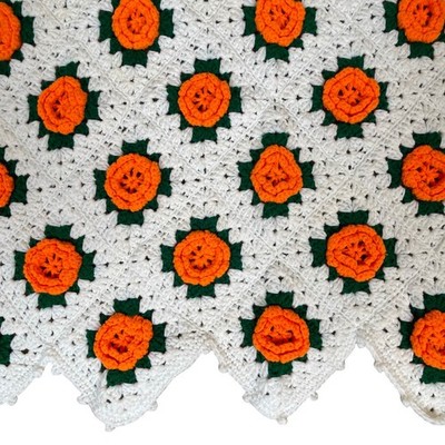 Vintage Crochet 3D Floral Knit Granny Square Blanket Orange White Fall Decor