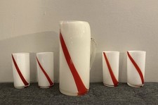 Vintage 1970's Dalian Snowflake Cocktail Pitcher & 4 Glasses Red & White Swirl