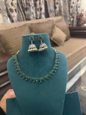 Bollywood India Silver Plated Ethnic AD CZ Jewelry Earrings Necklace Bridal Set