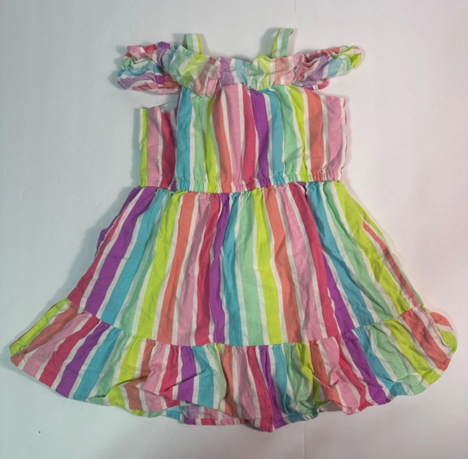 Vestido Gymboree Niñas 4T Arco Iris Rayas Lino Hombro Descubierto Volantes Verano Giro Foto 2 de 4