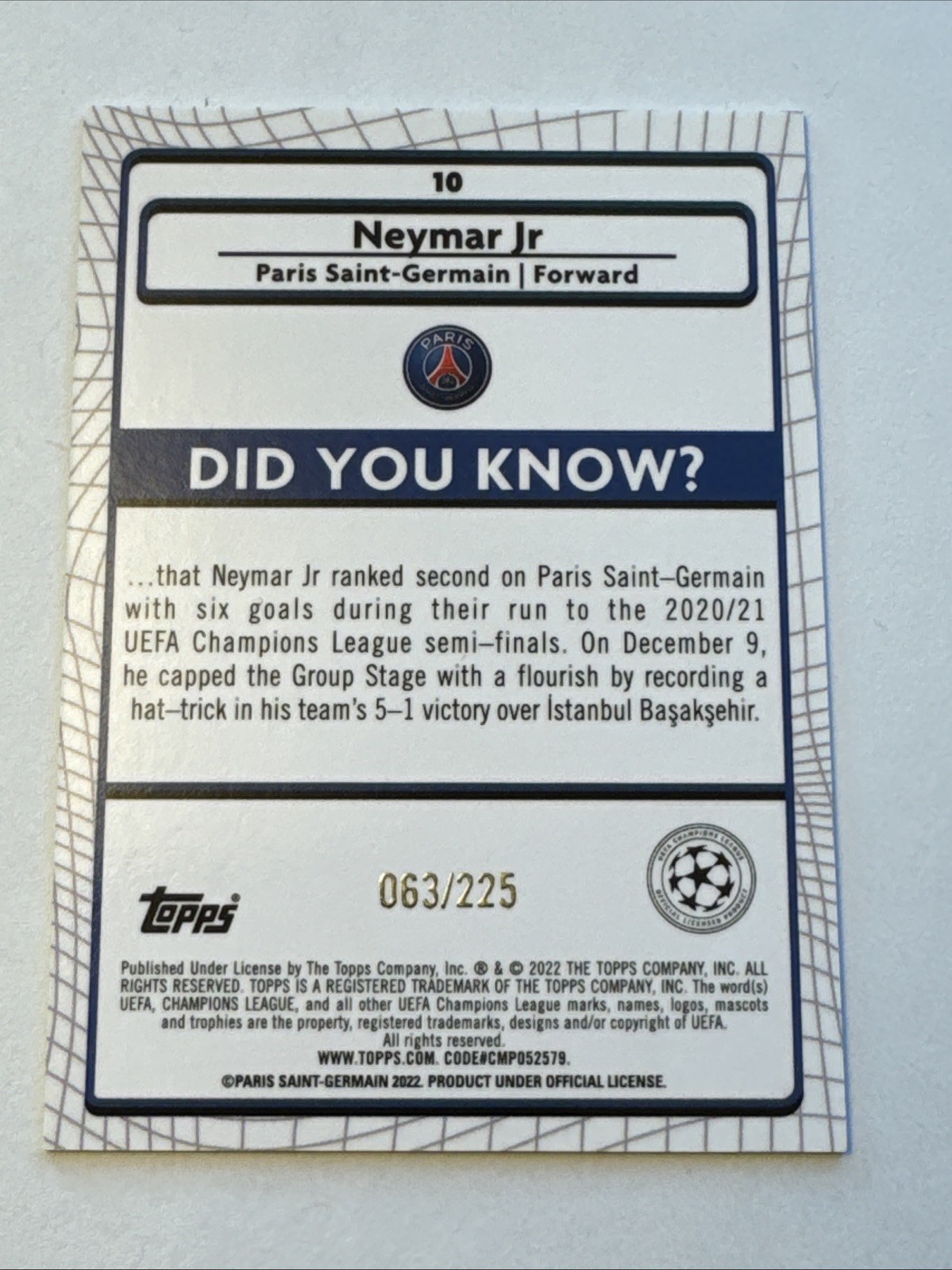 Neymar Jr 2021-22 Topps Merlin Chrome UCL Gold Refractor #/225 #10 PSG Brazil view 4