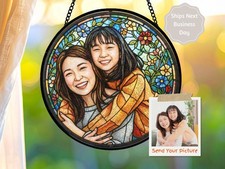 Sun Catcher Mom Daughter Gift, Custom Floral Stained Glass Portrait,Photo Window
