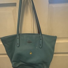 Coach Snoopy Woodstock Blue Tote Shoulder Bag Zip Top Lined Inner Pockets Silver