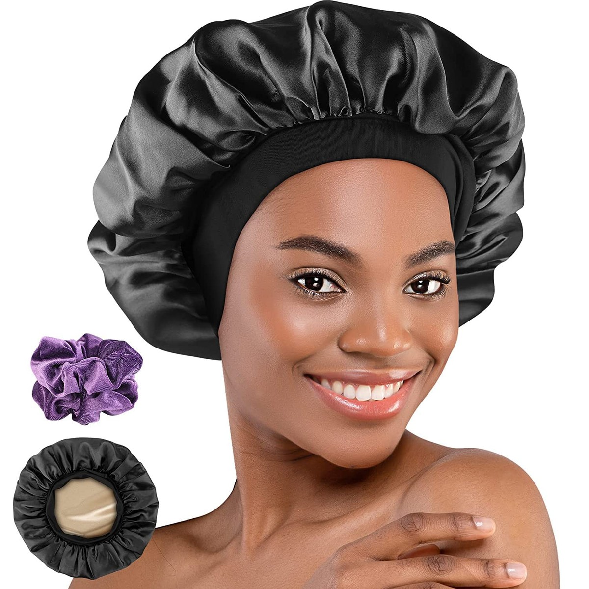 ★AEAE★ SPIRAL SATIN CAP [BLACK] Hafree Silk Satin Bonnet, Hair Wrap Adjustable Sleep Cap