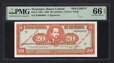 Nicaragua 20 Cordobas 1968 P118bs "Specimen" Uncirculated Grade 66